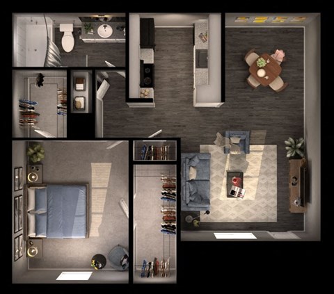 Floor plan for 1 bed, 1 bath, 678 sqft